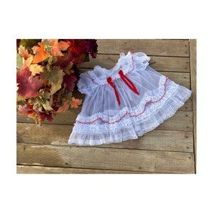 Vintage 70s Sheer Infant Party Dress Red White Lace Ribbon Ties Vantessa Fashion